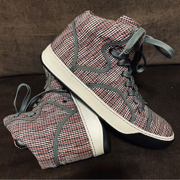 Lanvin designer high top sneakers red white blue plaid grey piping Womens 9 US - Picture 13 of 13
